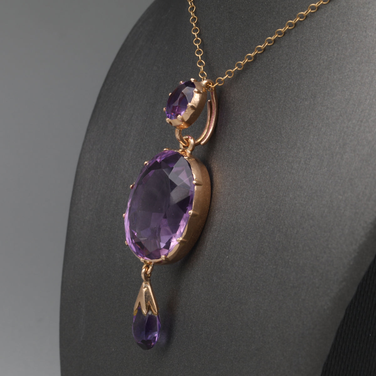 Antique Victorian Bezel Set and Briolette Cut Amethyst Statement Pendant in 14k Rosy Gold