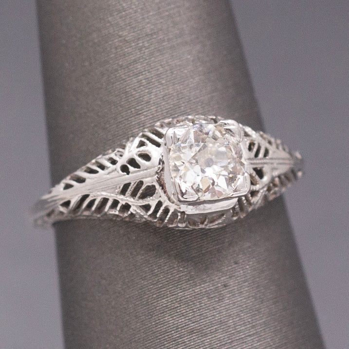 Art Deco Old European Cut Diamond Filigree Floral Engagement Ring in 18k White Gold