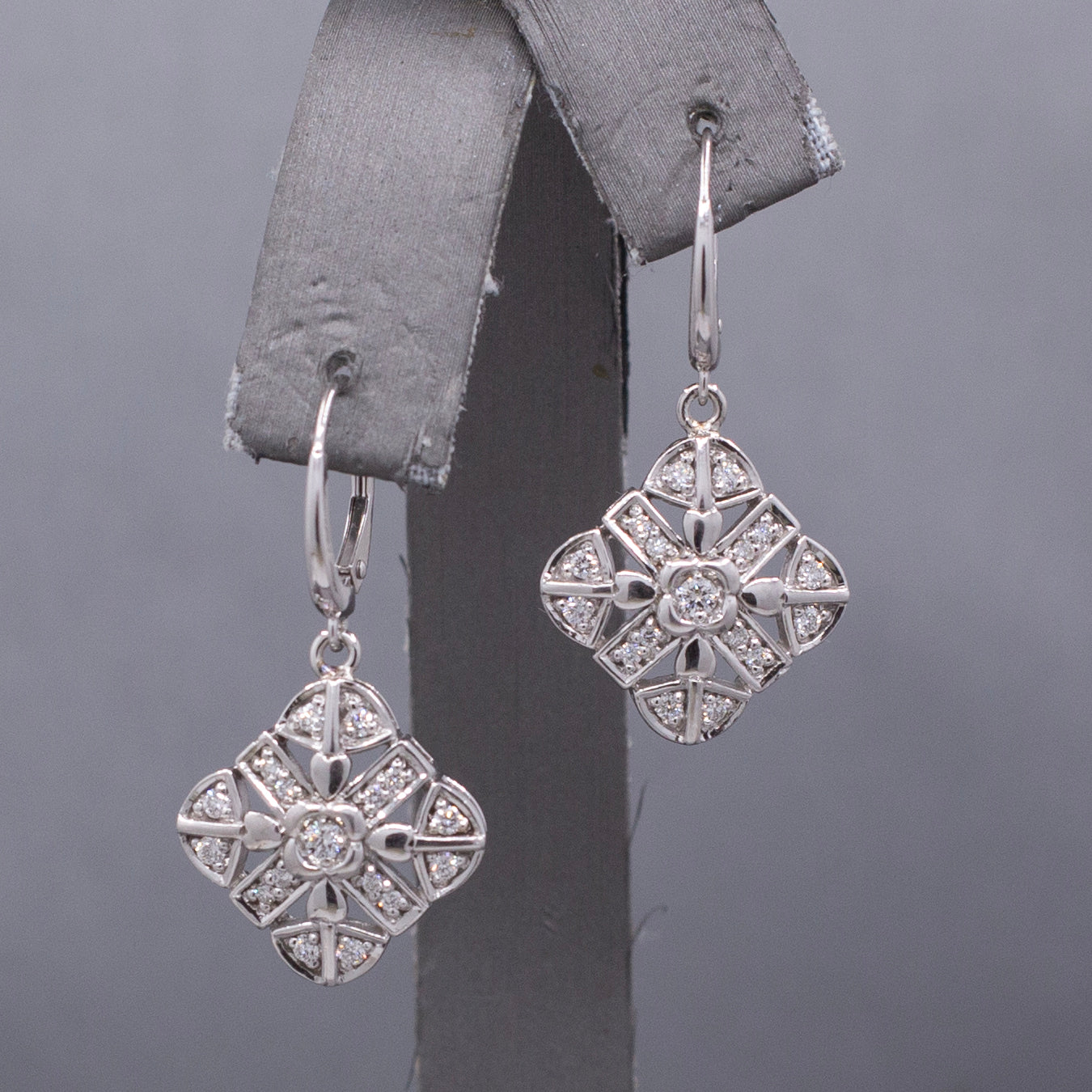 Diamond Snowflake Compass Pierced Dangle Earrings in 14k White Gold