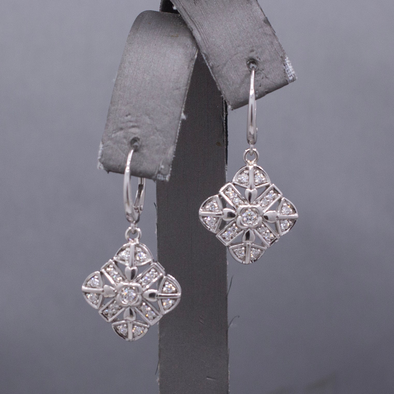 Diamond Snowflake Compass Pierced Dangle Earrings in 14k White Gold
