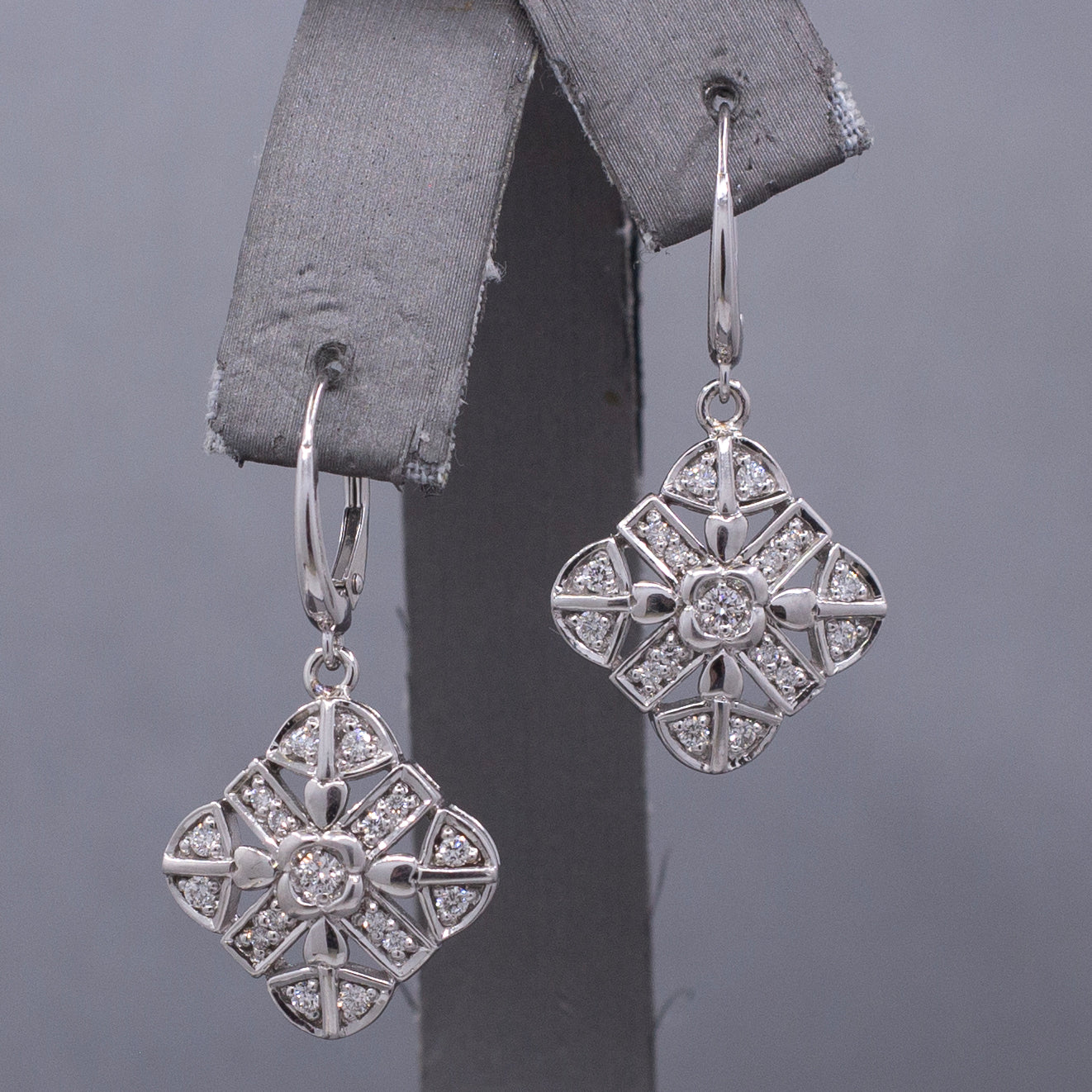 Diamond Snowflake Compass Pierced Dangle Earrings in 14k White Gold