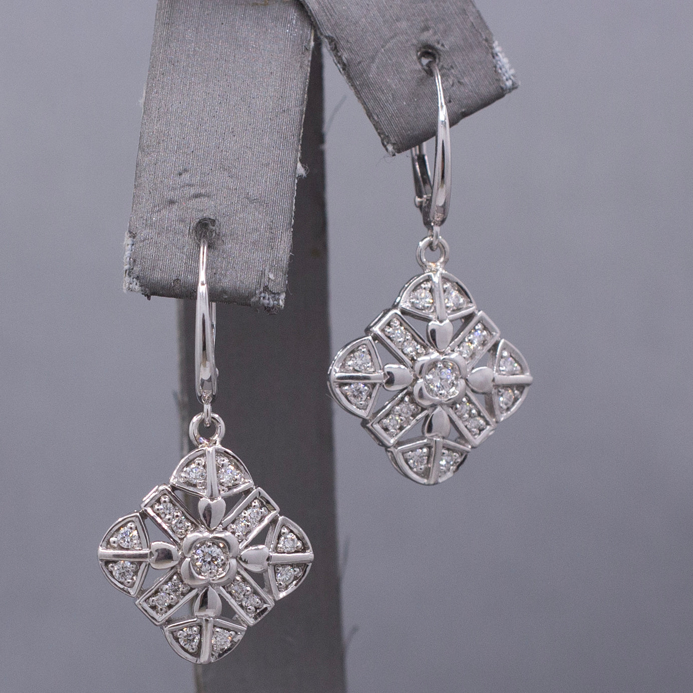 Diamond Snowflake Compass Pierced Dangle Earrings in 14k White Gold