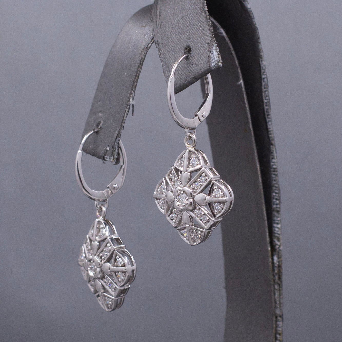 Diamond Snowflake Compass Pierced Dangle Earrings in 14k White Gold