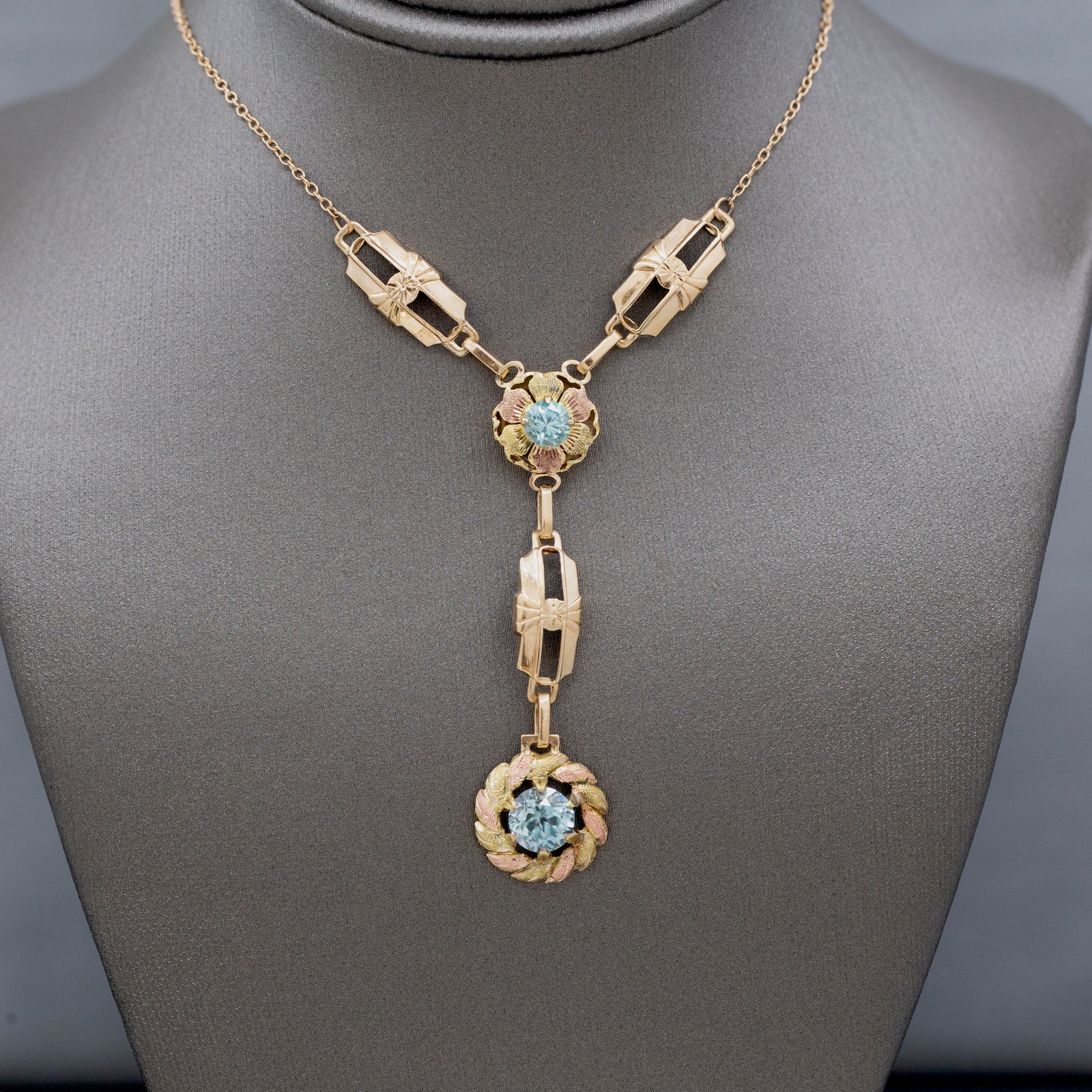 Fantastic Retro Blue Zircon Lariat Y Necklace in 14k Rosy Yellow Gold
