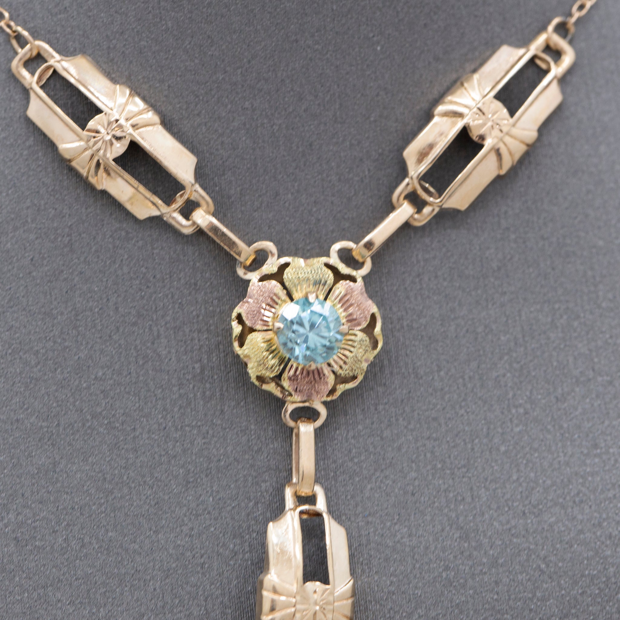 Fantastic Retro Blue Zircon Lariat Y Necklace in 14k Rosy Yellow Gold