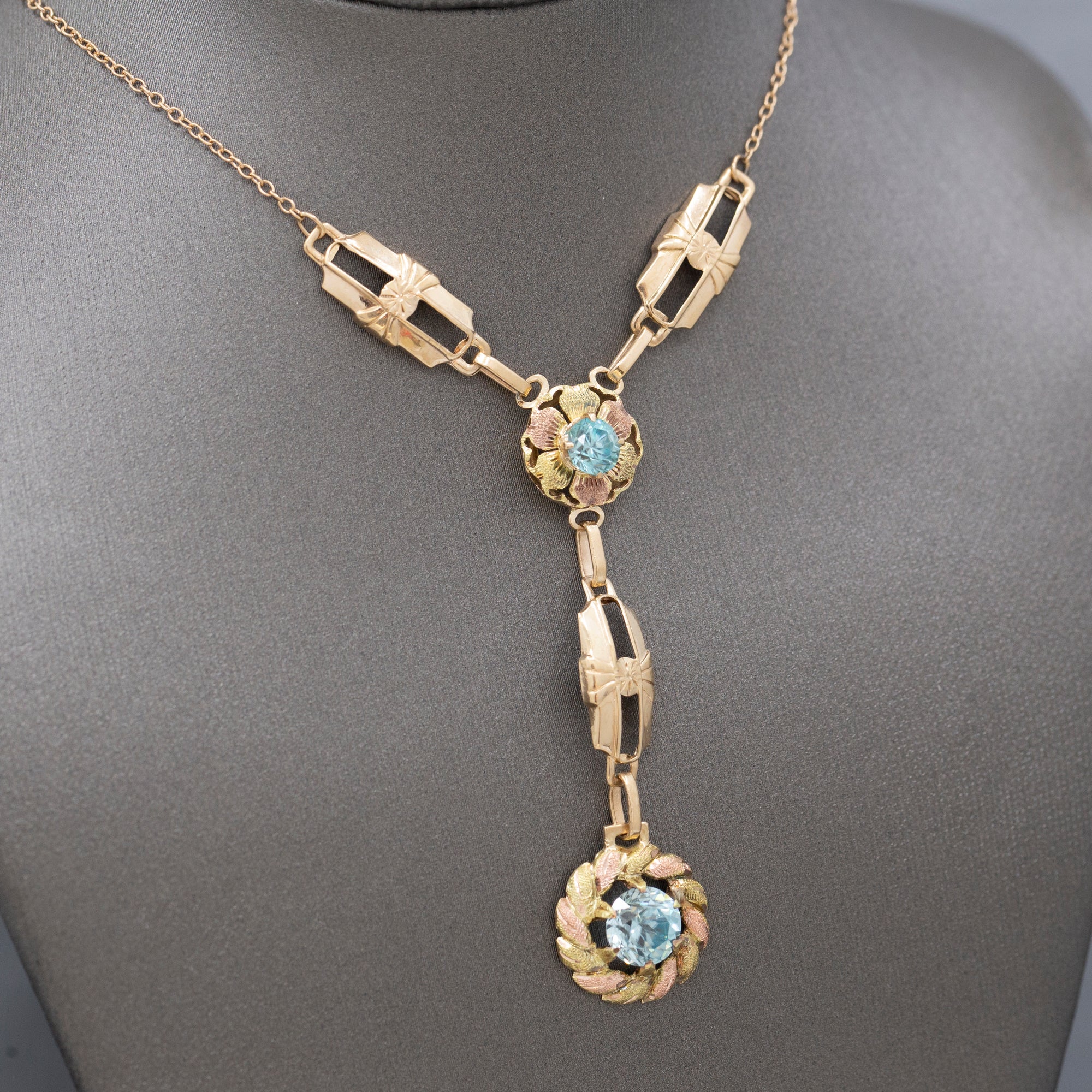Fantastic Retro Blue Zircon Lariat Y Necklace in 14k Rosy Yellow Gold