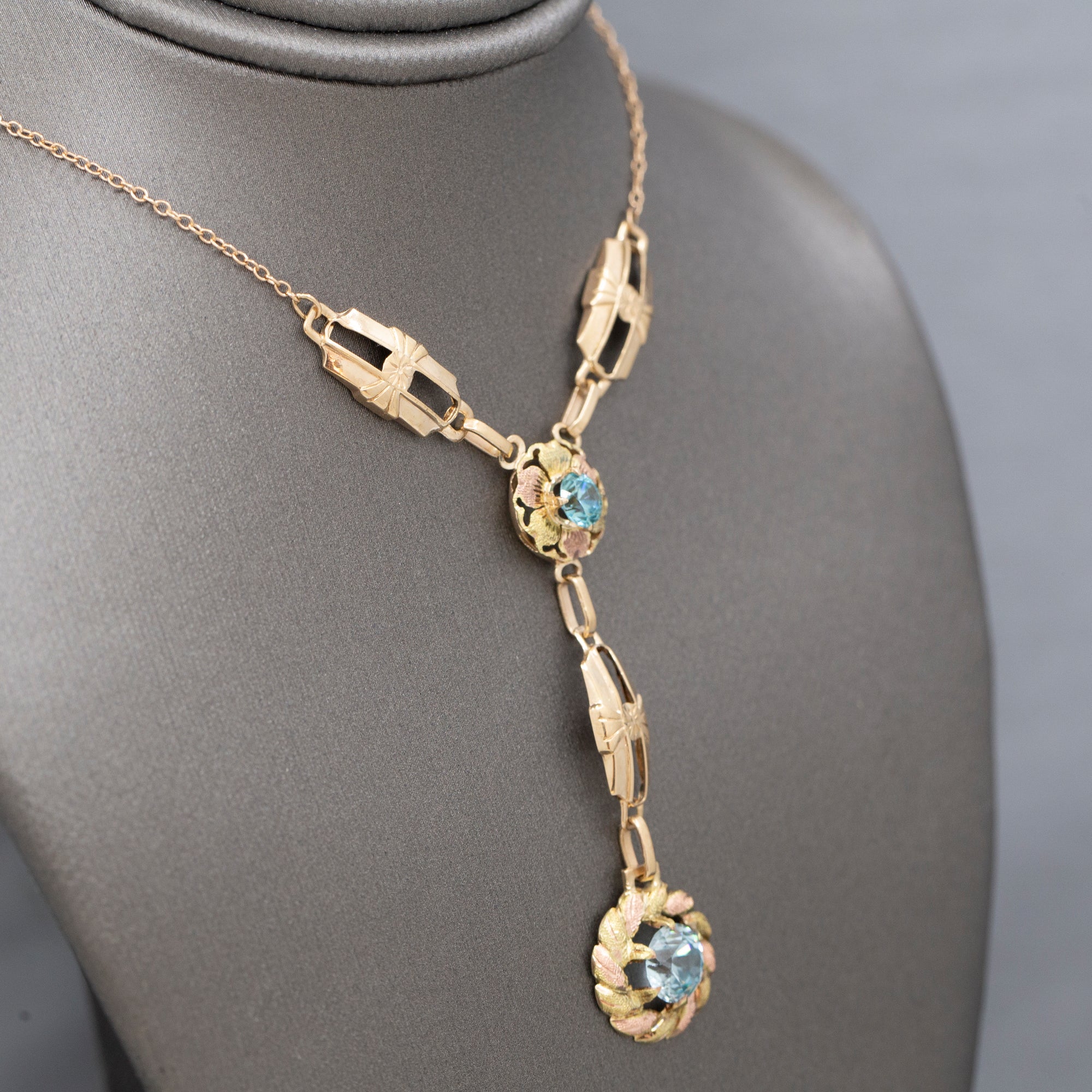 Fantastic Retro Blue Zircon Lariat Y Necklace in 14k Rosy Yellow Gold