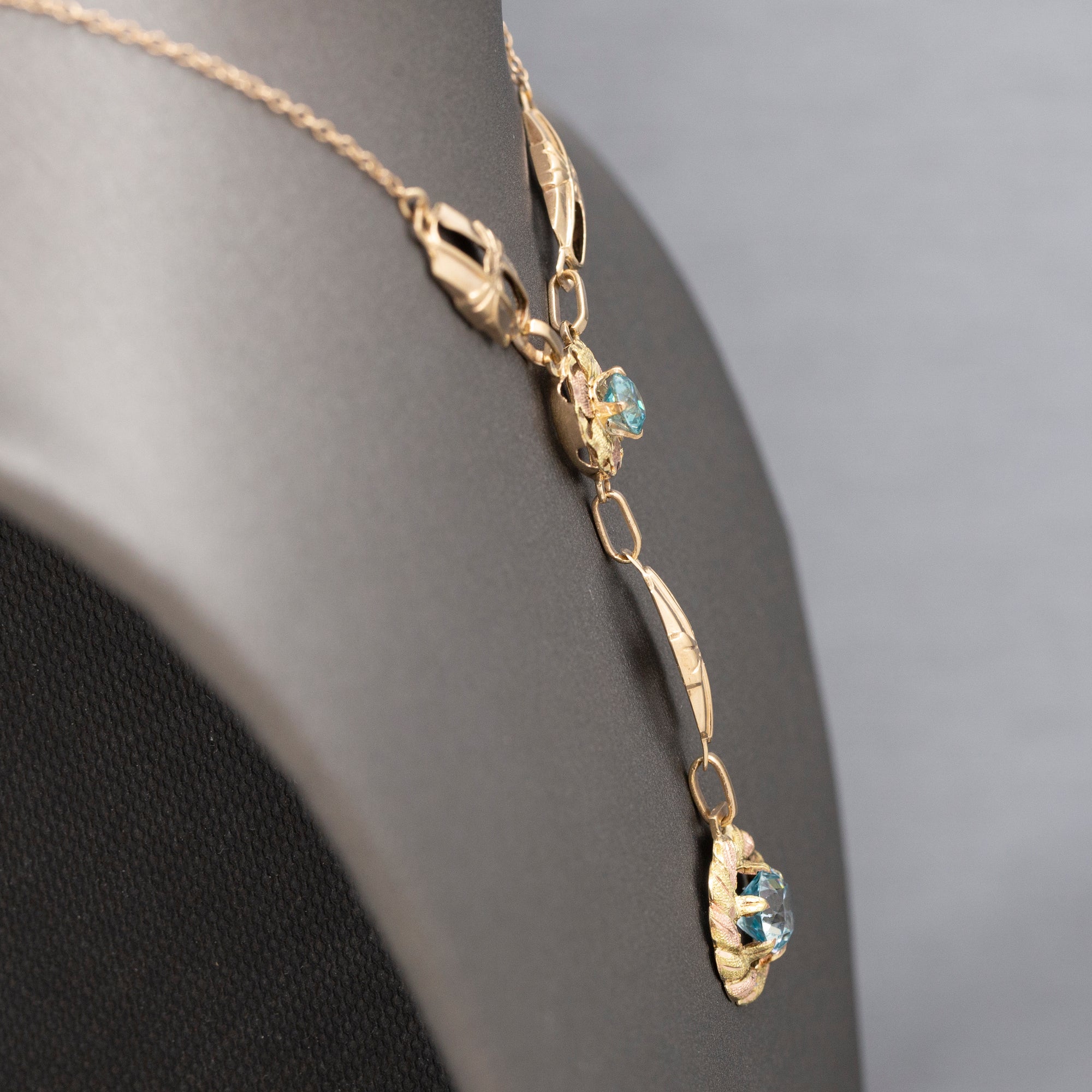 Fantastic Retro Blue Zircon Lariat Y Necklace in 14k Rosy Yellow Gold