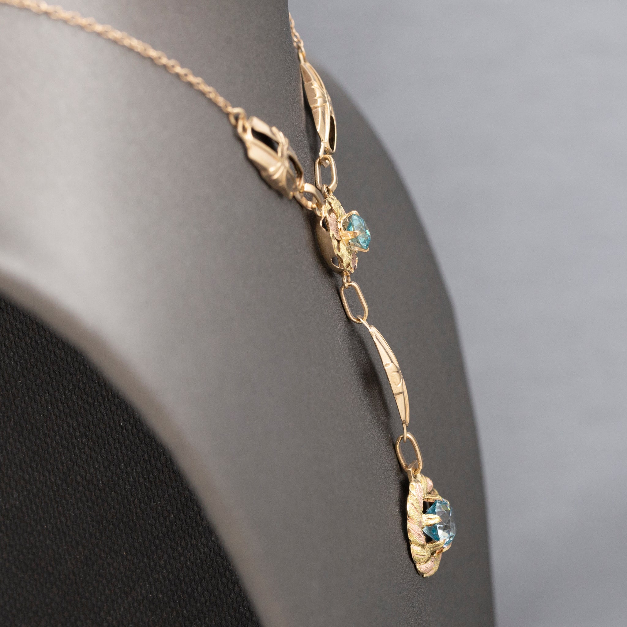 Fantastic Retro Blue Zircon Lariat Y Necklace in 14k Rosy Yellow Gold