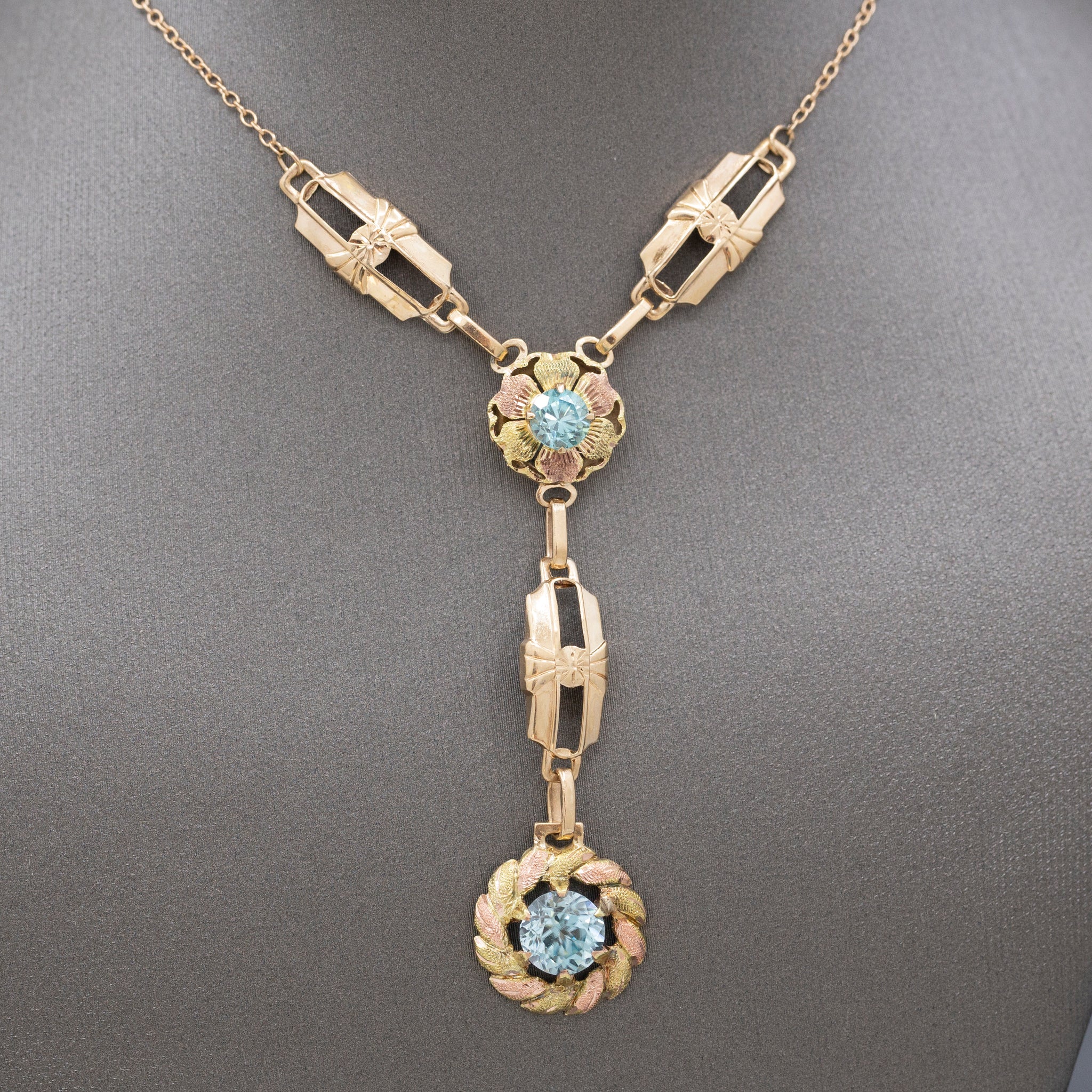 Fantastic Retro Blue Zircon Lariat Y Necklace in 14k Rosy Yellow Gold