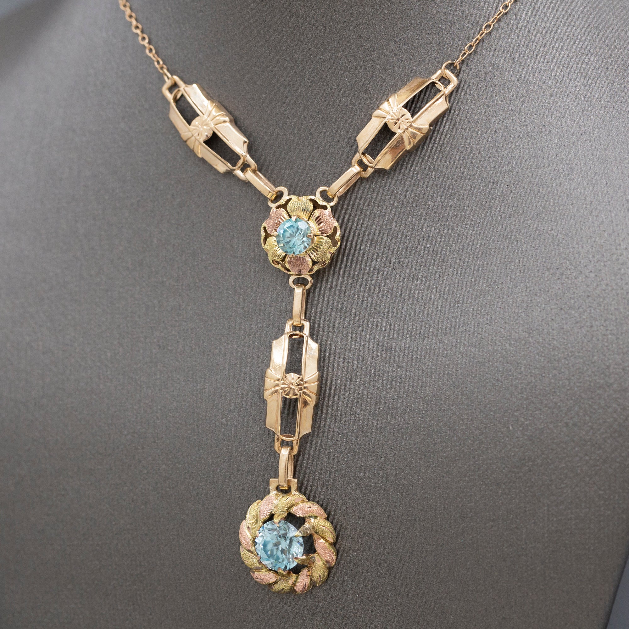 Fantastic Retro Blue Zircon Lariat Y Necklace in 14k Rosy Yellow Gold