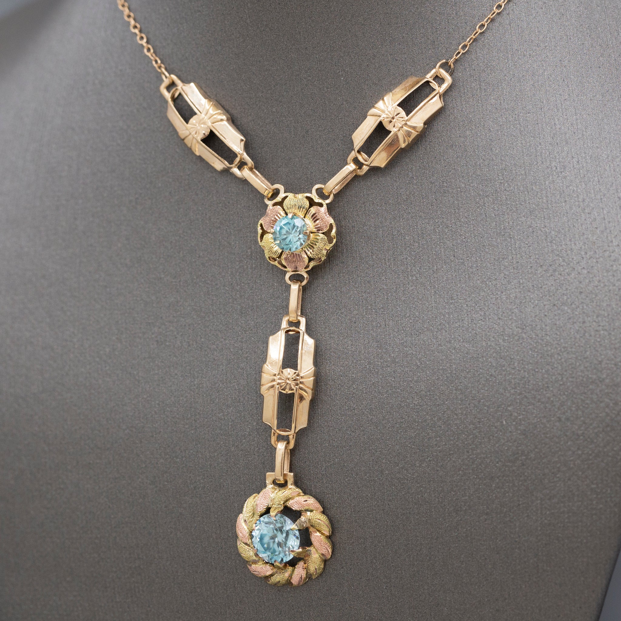 Fantastic Retro Blue Zircon Lariat Y Necklace in 14k Rosy Yellow Gold