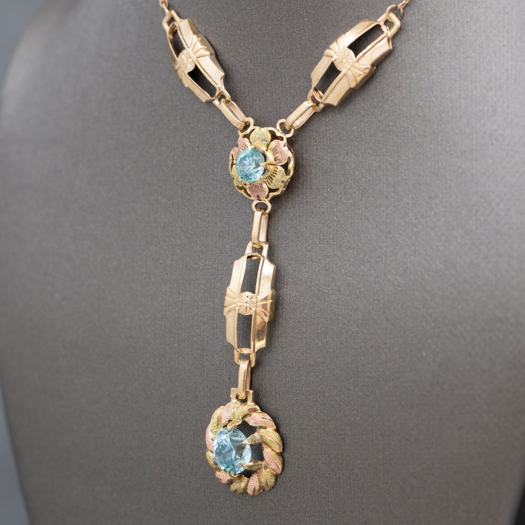 Fantastic Retro Blue Zircon Lariat Y Necklace in 14k Rosy Yellow Gold