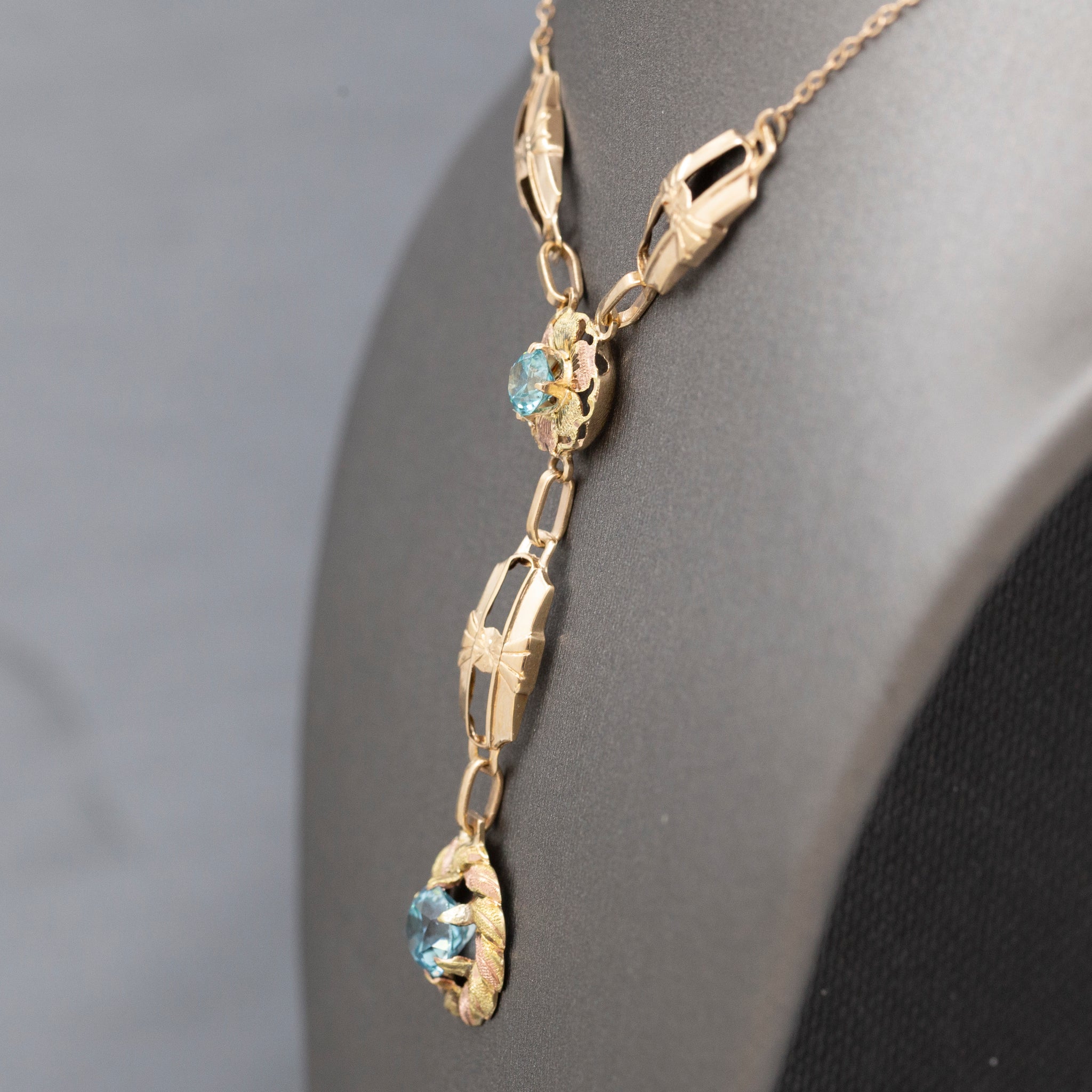 Fantastic Retro Blue Zircon Lariat Y Necklace in 14k Rosy Yellow Gold