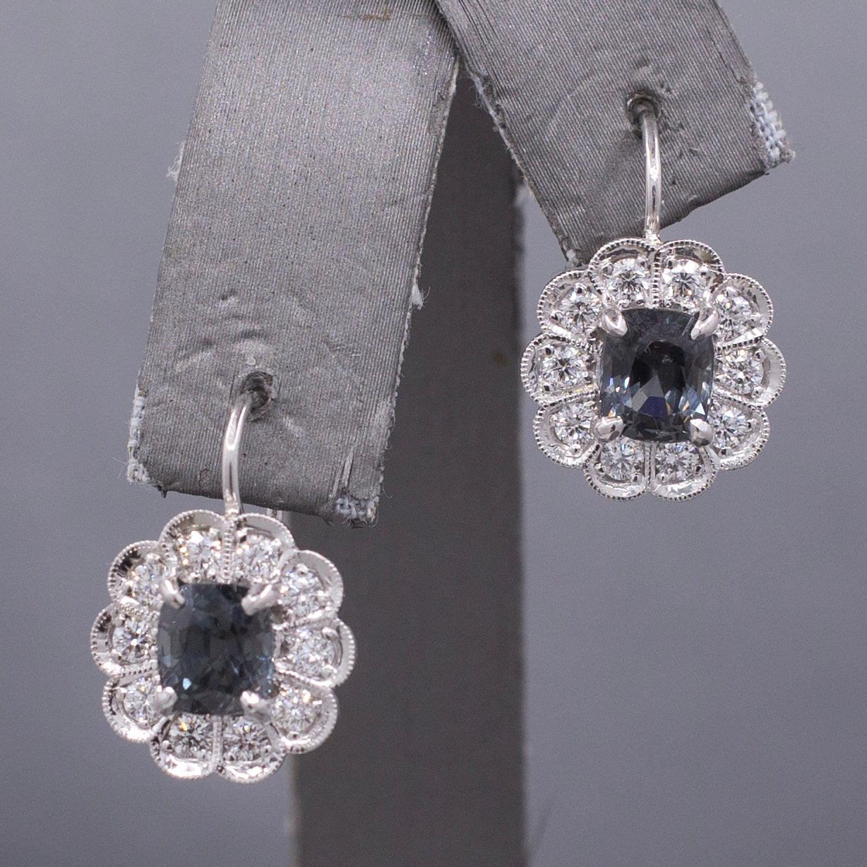 Stunning Silver Grey Spinel and Diamond Drop Earrings in 14k White Gold