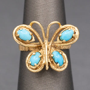 Vintage Turquoise Butterfly Ring in 14k Yellow Gold