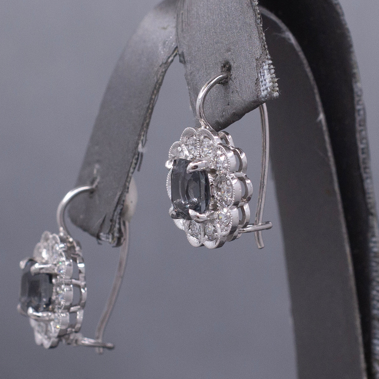 Stunning Silver Grey Spinel and Diamond Drop Earrings in 14k White Gold