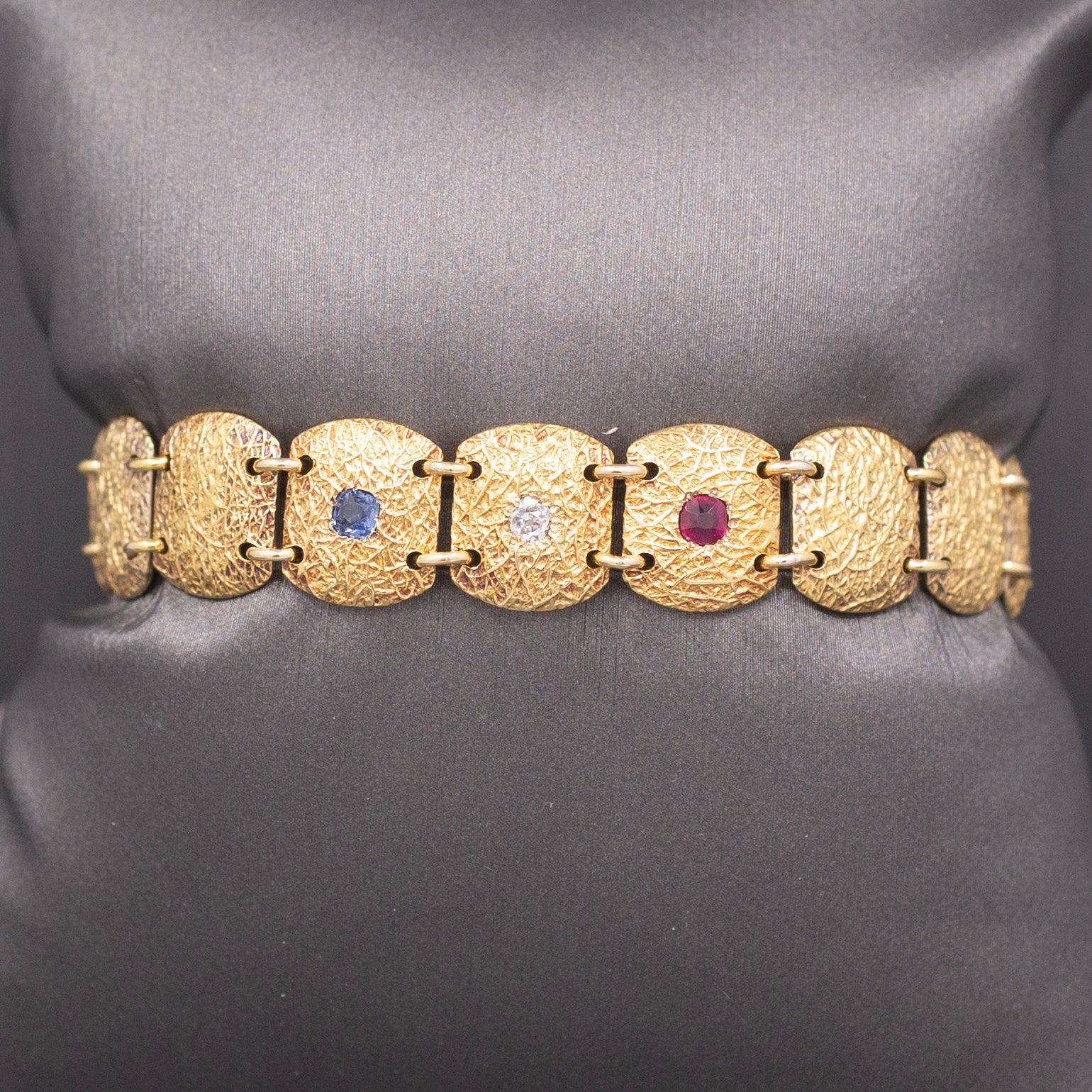 Antique Victorian Ruby Diamond Sapphire Link Bracelet in 10k Yellow Gold