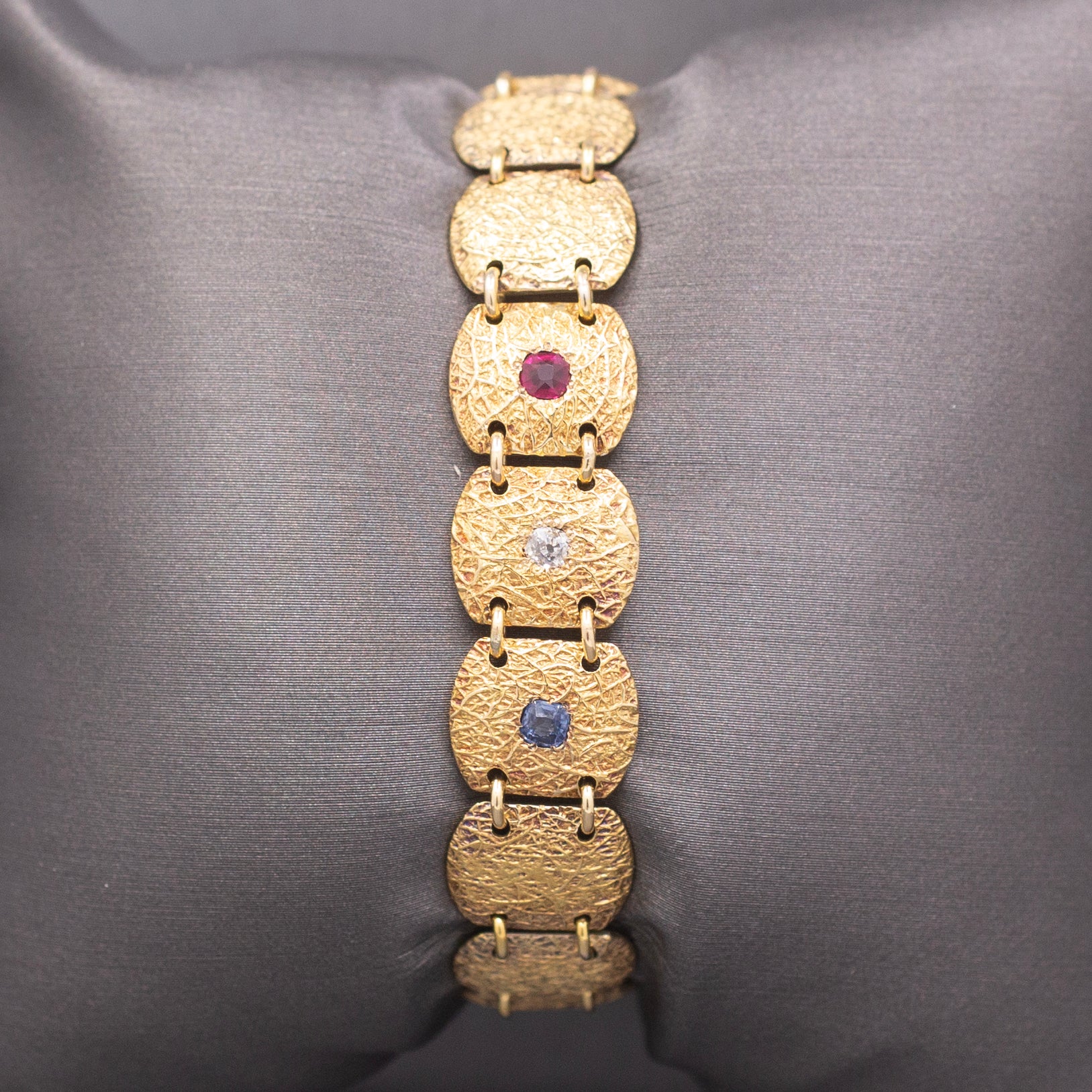 Antique Victorian Ruby Diamond Sapphire Link Bracelet in 10k Yellow Gold
