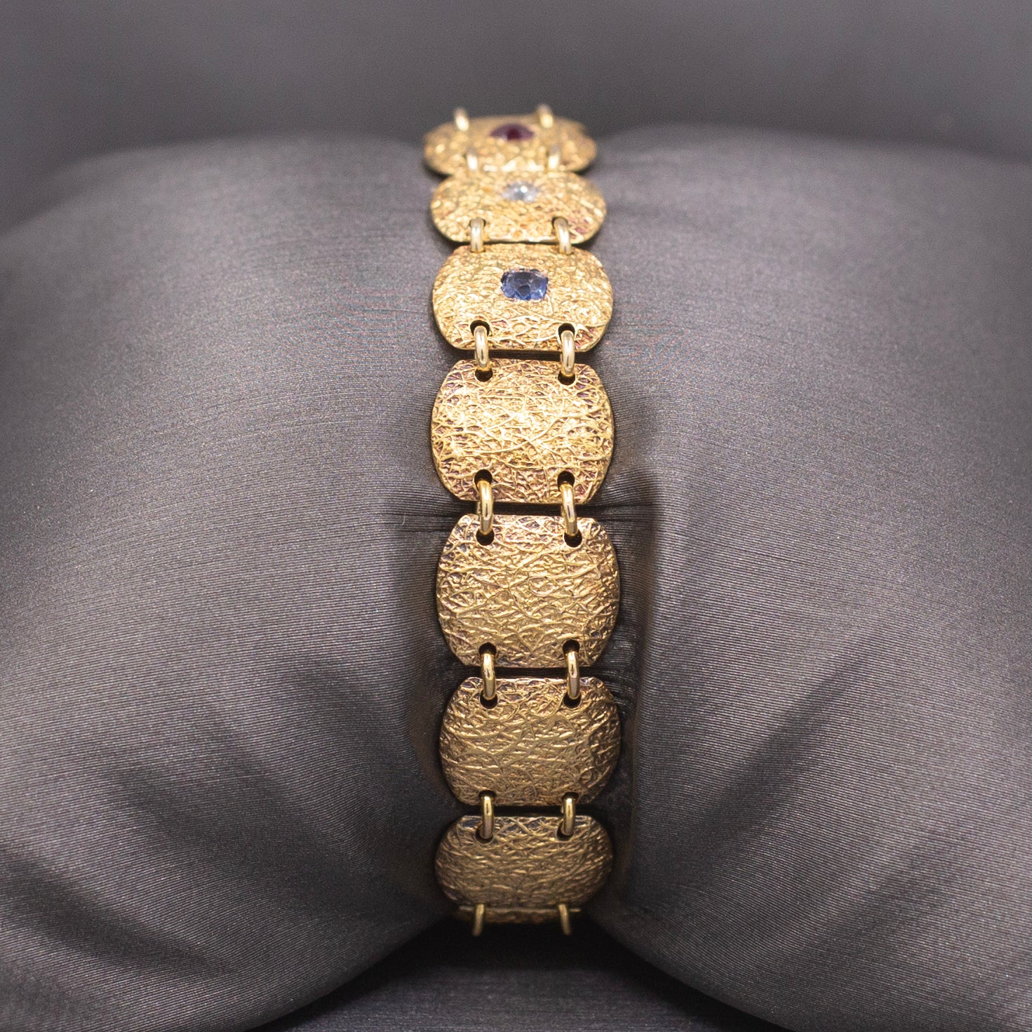 Antique Victorian Ruby Diamond Sapphire Link Bracelet in 10k Yellow Gold
