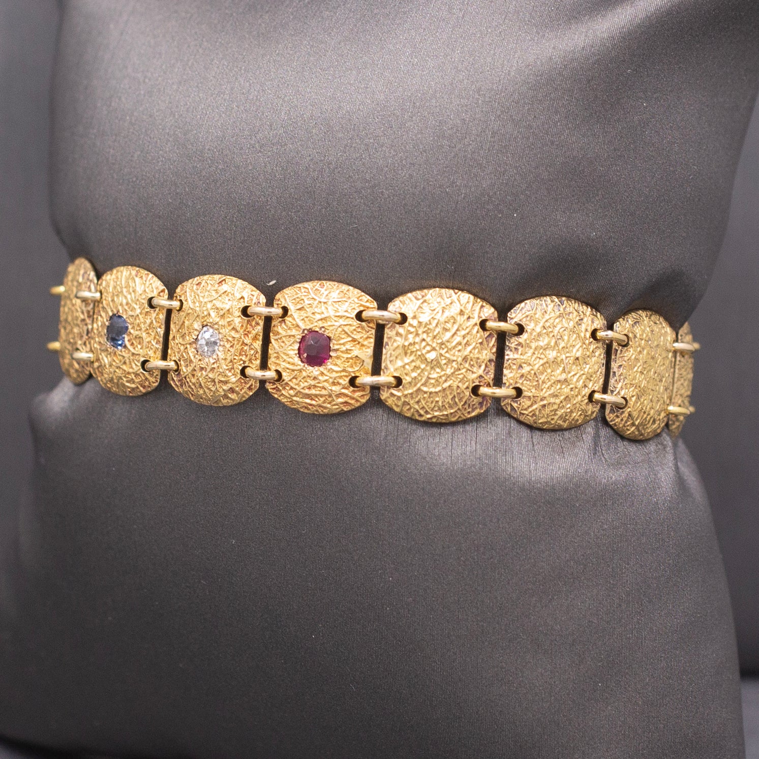 Antique Victorian Ruby Diamond Sapphire Link Bracelet in 10k Yellow Gold