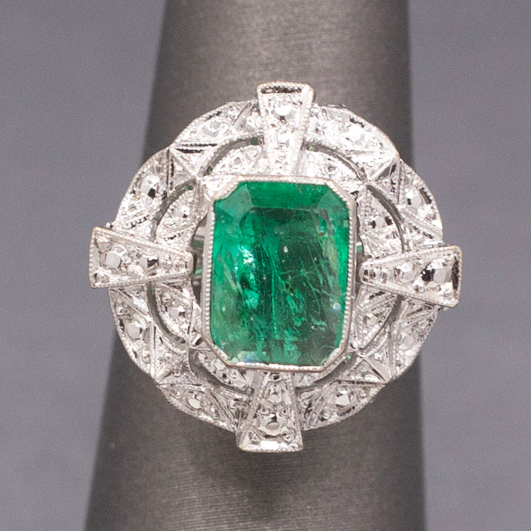 Vintage Bezel Set Natural Emerald Cocktail Ring in 14k White Gold