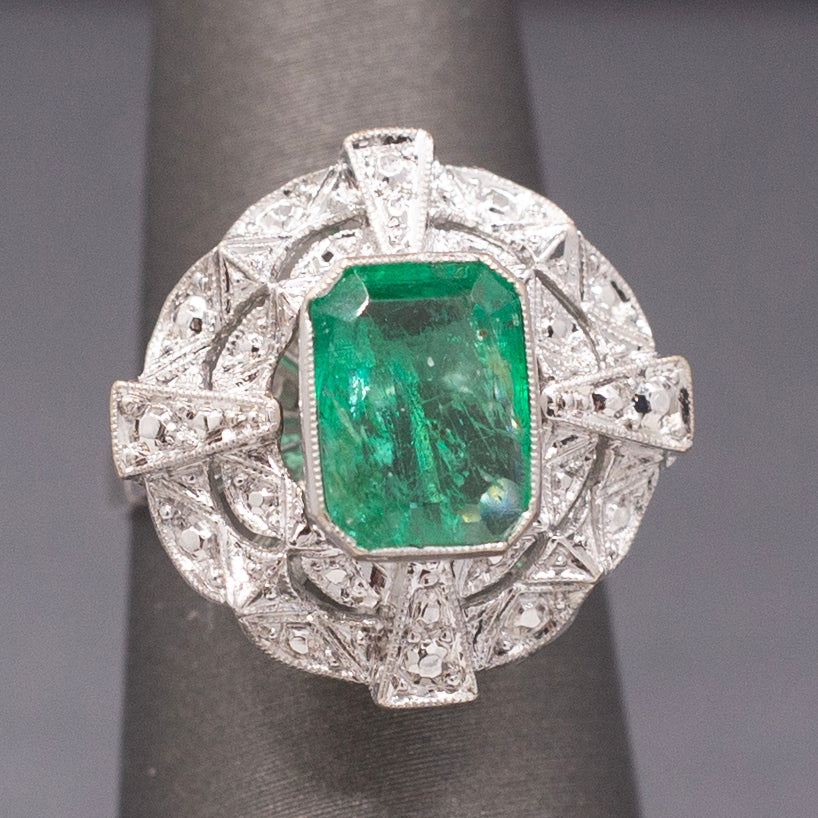 Vintage Bezel Set Natural Emerald Cocktail Ring in 14k White Gold