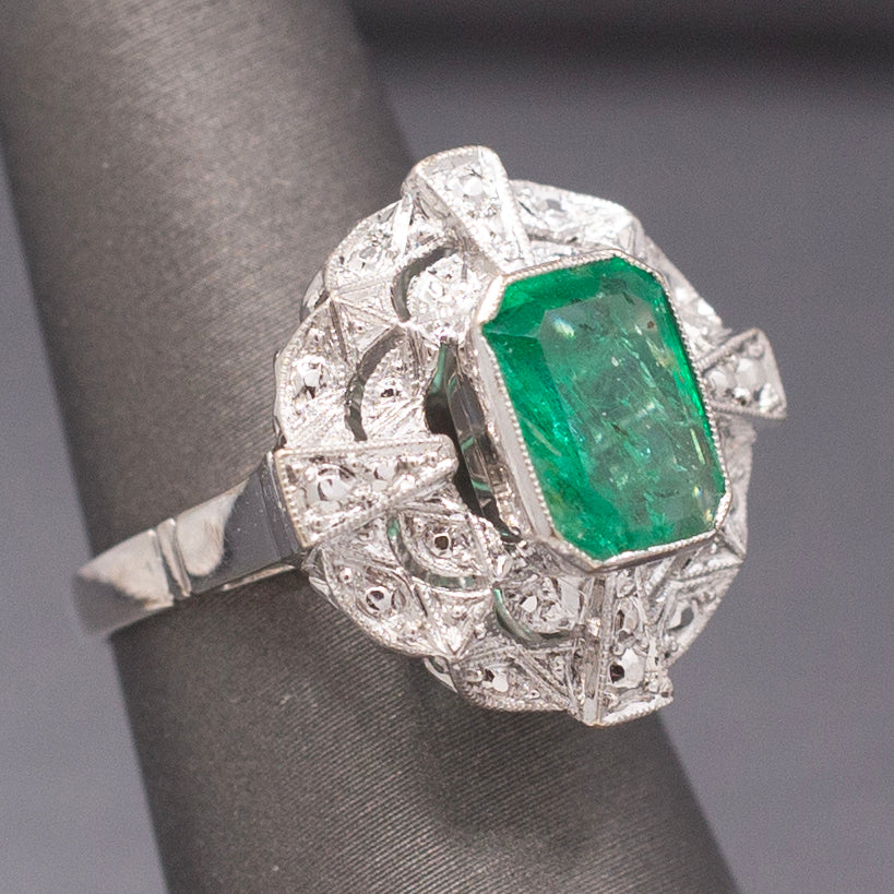 Vintage Bezel Set Natural Emerald Cocktail Ring in 14k White Gold
