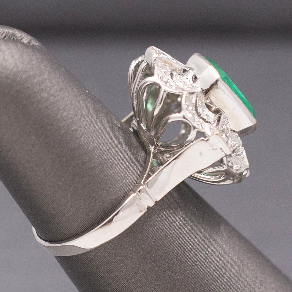 Vintage Bezel Set Natural Emerald Cocktail Ring in 14k White Gold