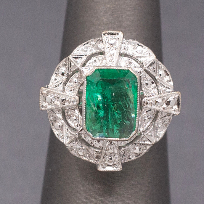 Vintage Bezel Set Natural Emerald Cocktail Ring in 14k White Gold
