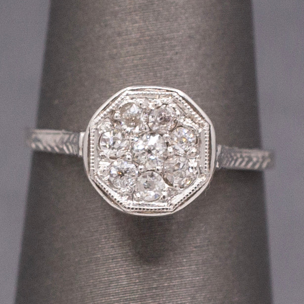 Art Deco Petite Old European Cut Diamond Cluster Engagement Ring in 14k White Gold