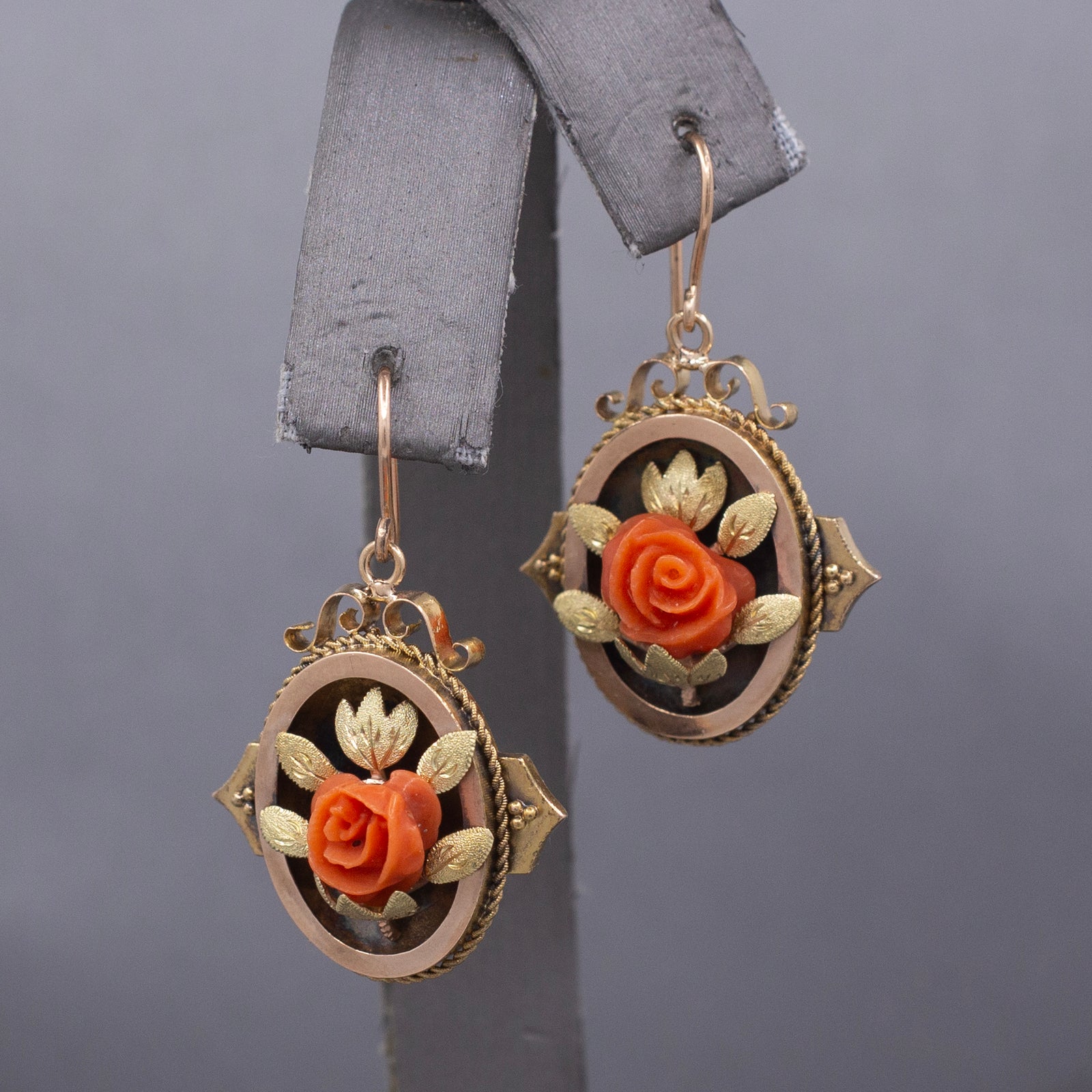 Antique Victorian Coral Flower Dangle Drop Earrings in 10k Rose and Yellow Gold