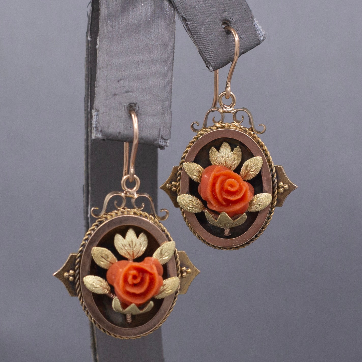 Antique Victorian Coral Flower Dangle Drop Earrings in 10k Rose and Yellow Gold