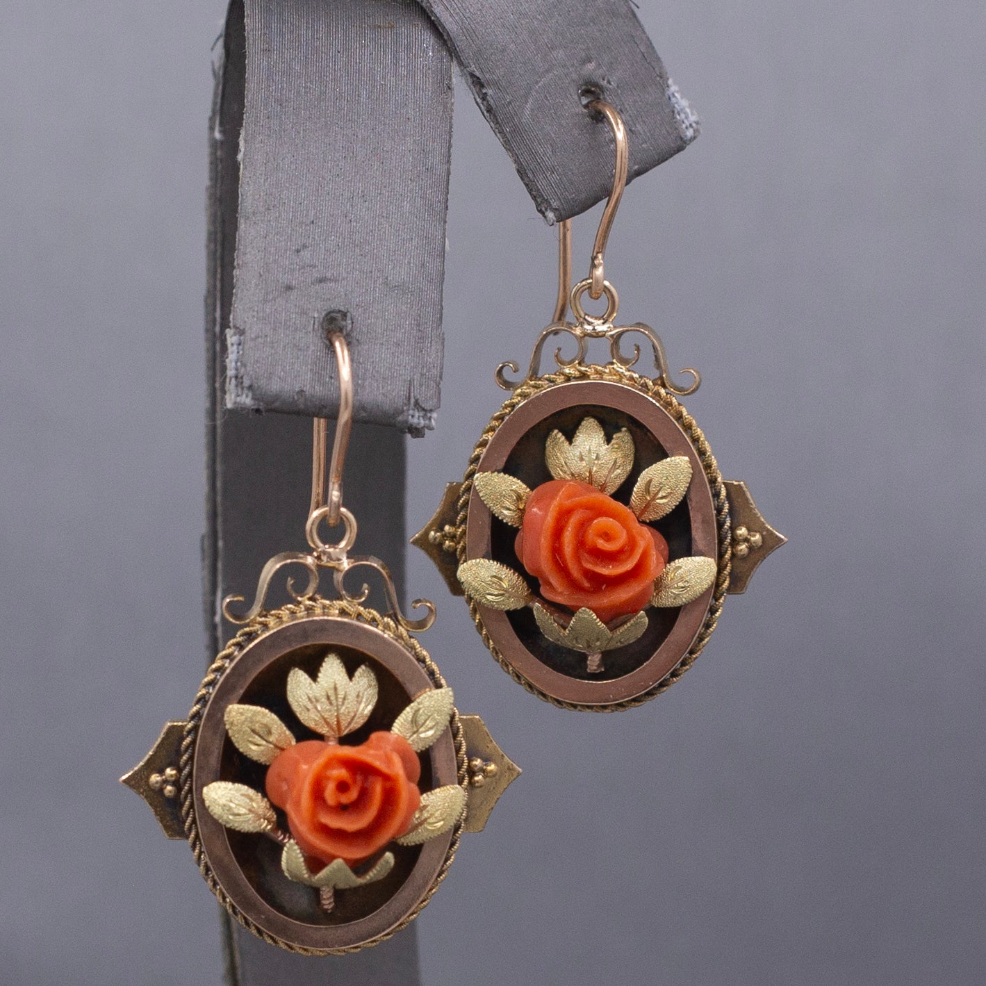 Antique Victorian Coral Flower Dangle Drop Earrings in 10k Rose and Yellow Gold