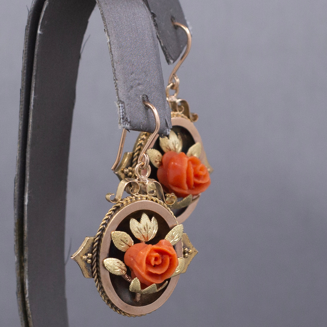 Antique Victorian Coral Flower Dangle Drop Earrings in 10k Rose and Yellow Gold