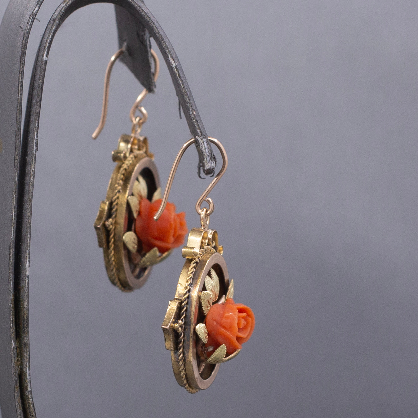 Antique Victorian Coral Flower Dangle Drop Earrings in 10k Rose and Yellow Gold