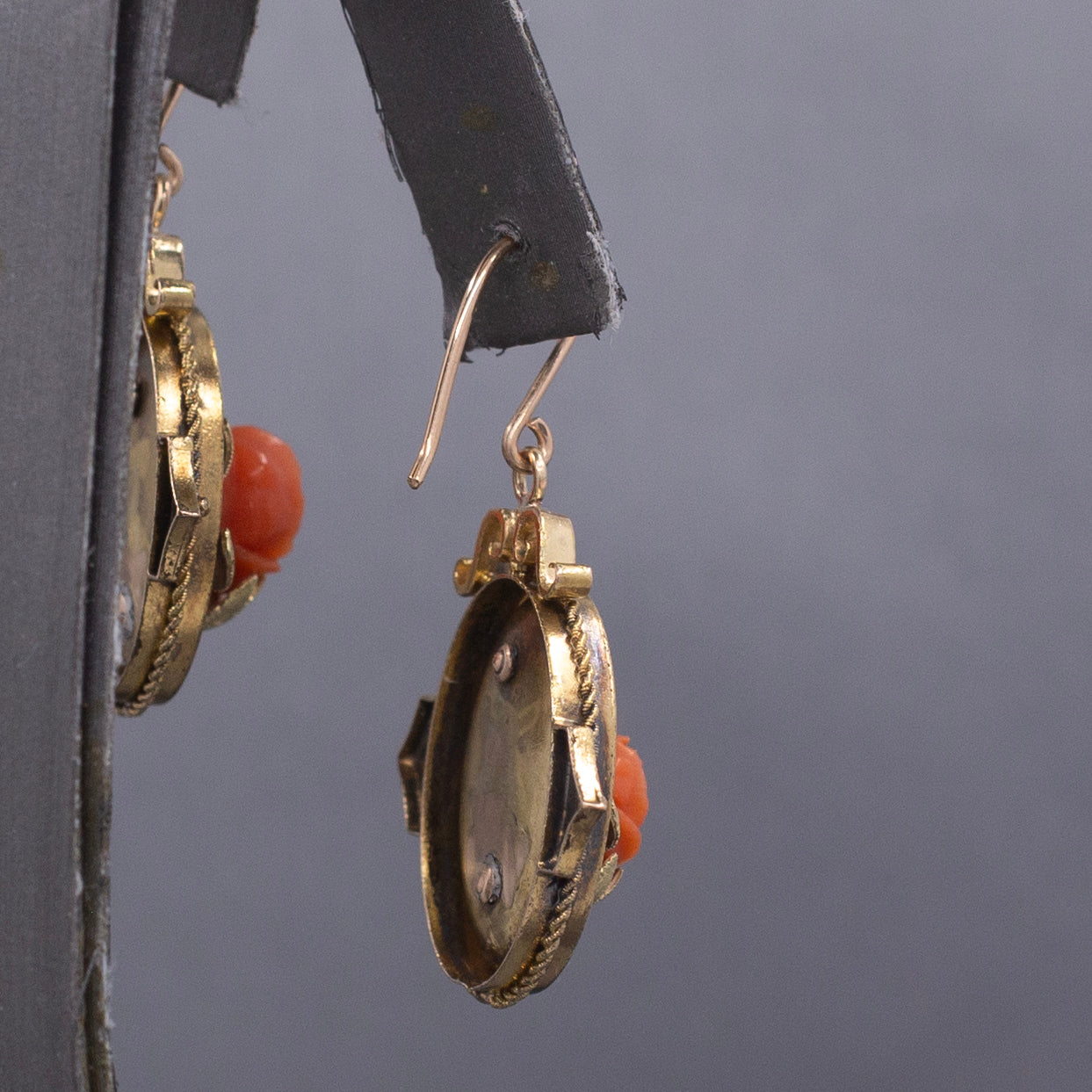 Antique Victorian Coral Flower Dangle Drop Earrings in 10k Rose and Yellow Gold