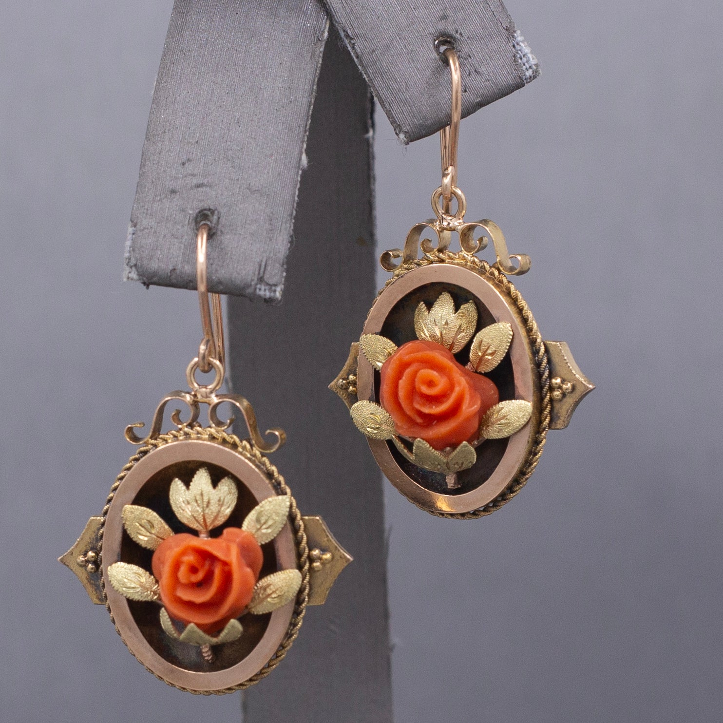 Antique Victorian Coral Flower Dangle Drop Earrings in 10k Rose and Yellow Gold