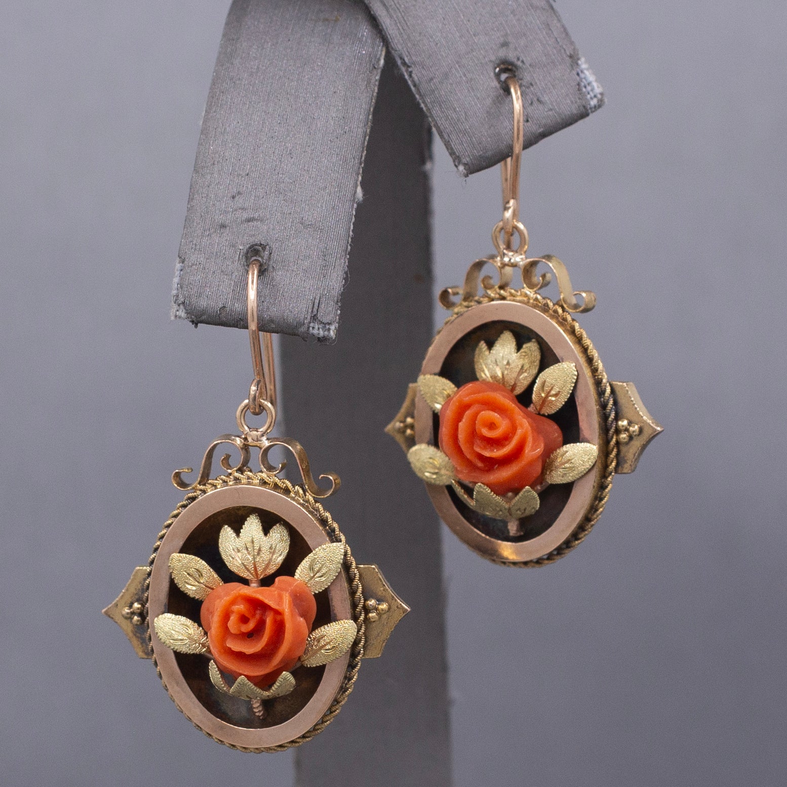 Antique Victorian Coral Flower Dangle Drop Earrings in 10k Rose and Yellow Gold