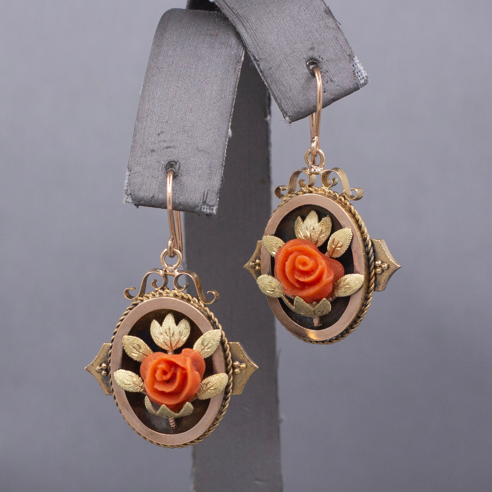 Antique Victorian Coral Flower Dangle Drop Earrings in 10k Rose and Yellow Gold