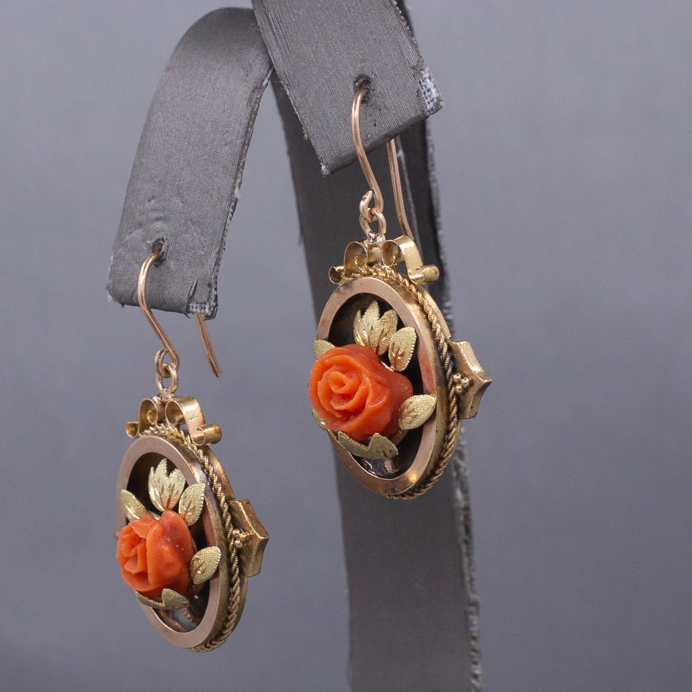 Antique Victorian Coral Flower Dangle Drop Earrings in 10k Rose and Yellow Gold