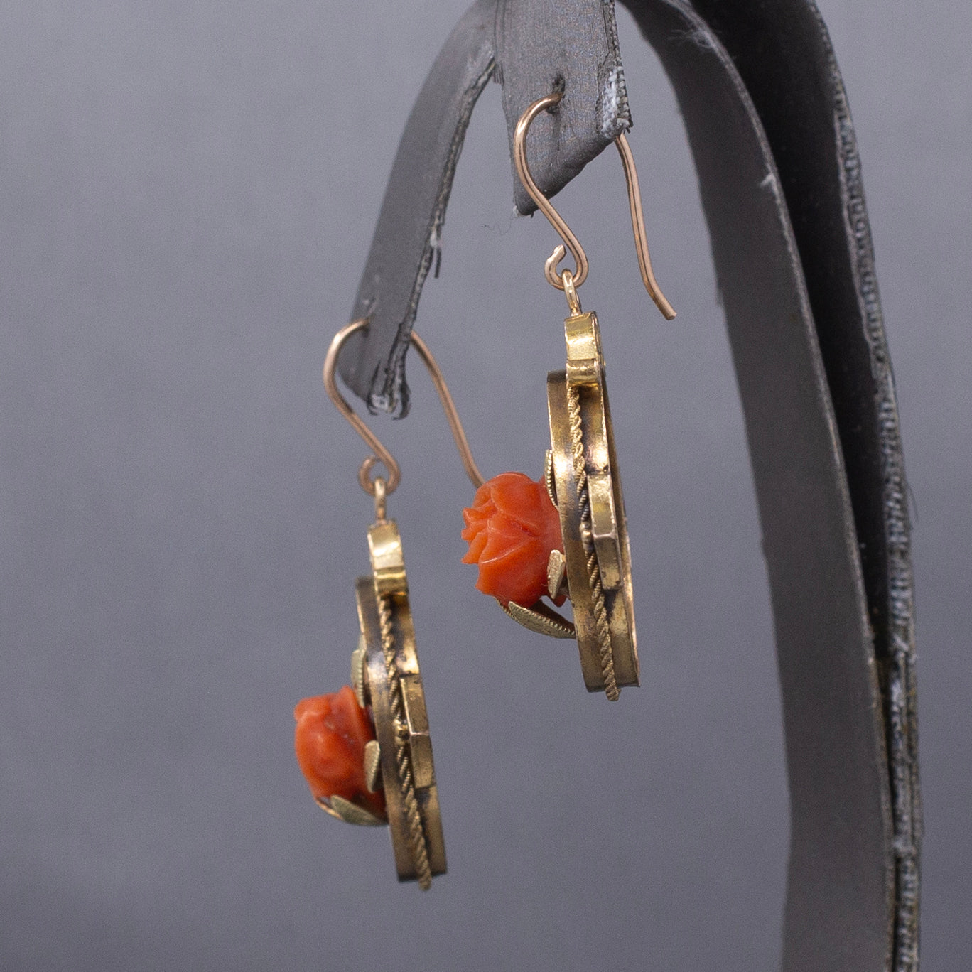 Antique Victorian Coral Flower Dangle Drop Earrings in 10k Rose and Yellow Gold