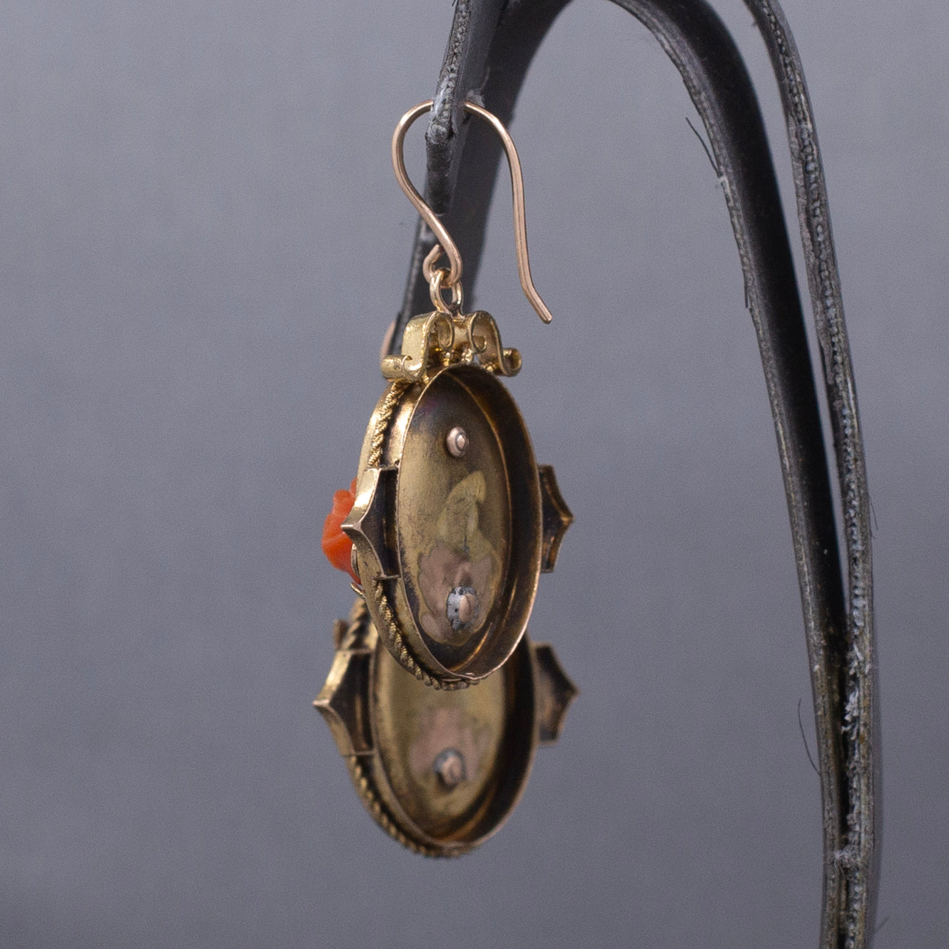 Antique Victorian Coral Flower Dangle Drop Earrings in 10k Rose and Yellow Gold