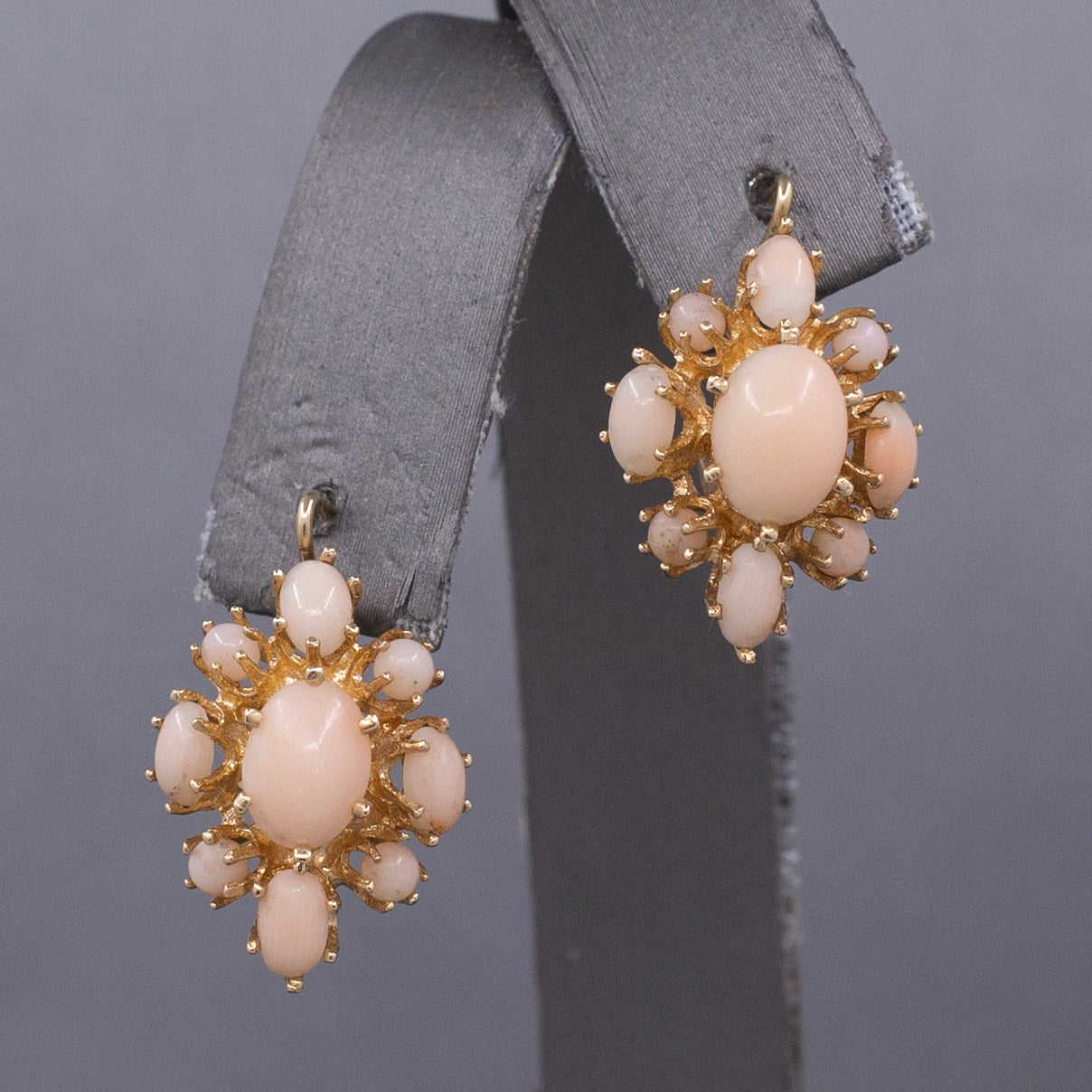 Vintage Angel Skin Coral Cluster Earrings with Level Back Clasps in 14k Yellow Gold