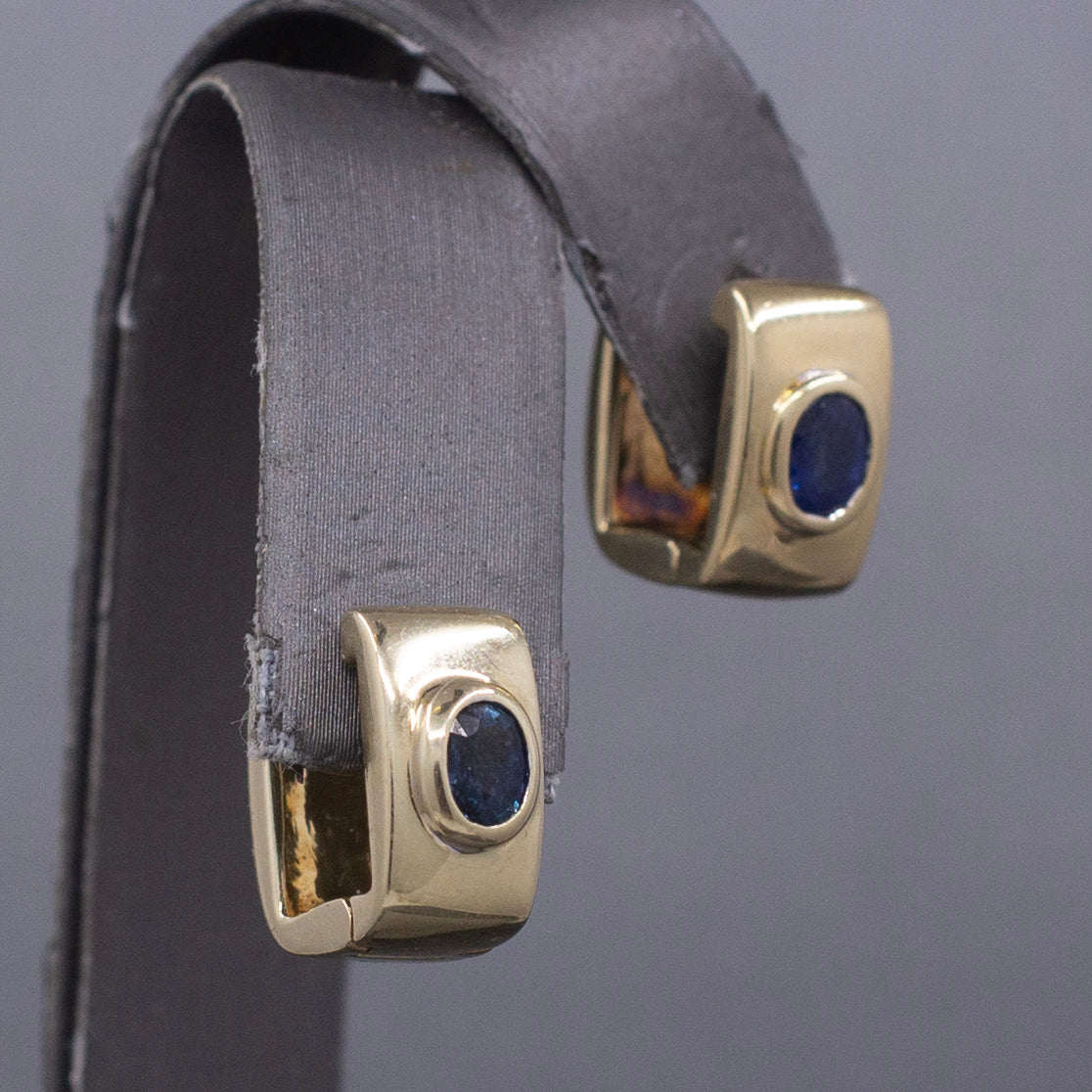 Vintage Bezel Set Blue Sapphire Huggie Hoop Earrings in 14k Yellow Gold