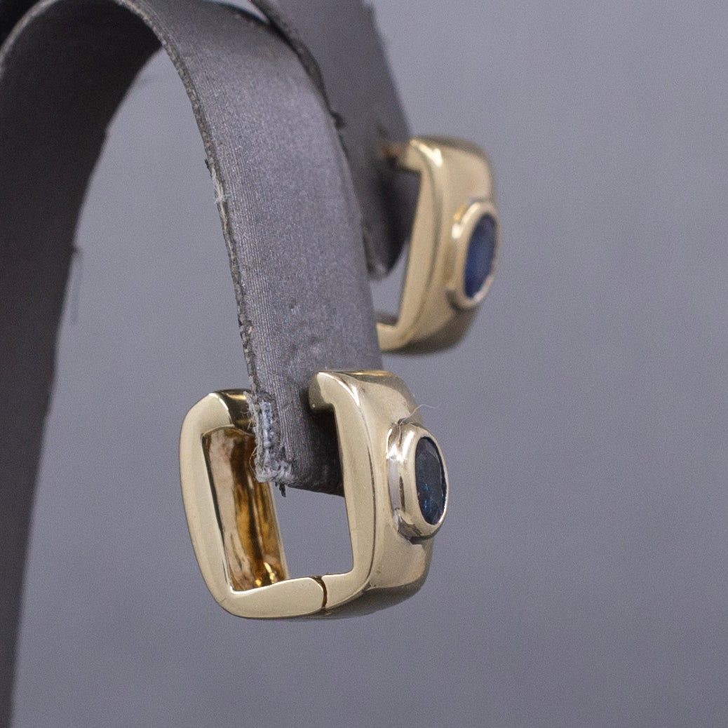 Vintage Bezel Set Blue Sapphire Huggie Hoop Earrings in 14k Yellow Gold