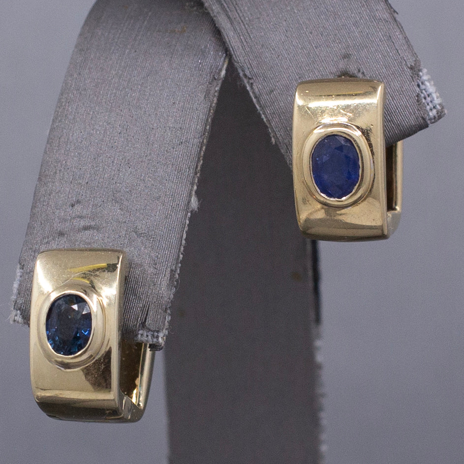 Vintage Bezel Set Blue Sapphire Huggie Hoop Earrings in 14k Yellow Gold