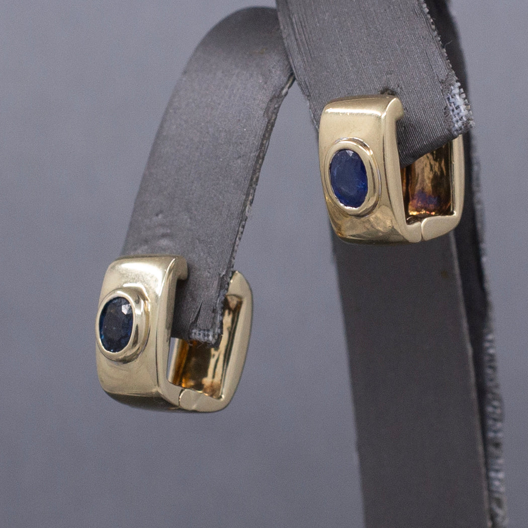 Vintage Bezel Set Blue Sapphire Huggie Hoop Earrings in 14k Yellow Gold