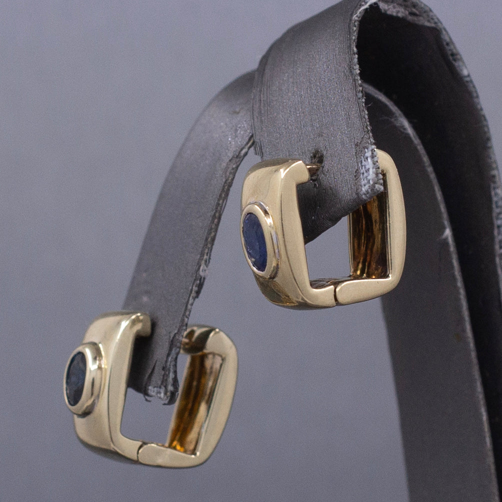 Vintage Bezel Set Blue Sapphire Huggie Hoop Earrings in 14k Yellow Gold