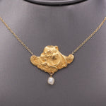Gorgeous Art Nouveau Woman's Profile Necklace with Pearl Drop in 14k Yellow Gold